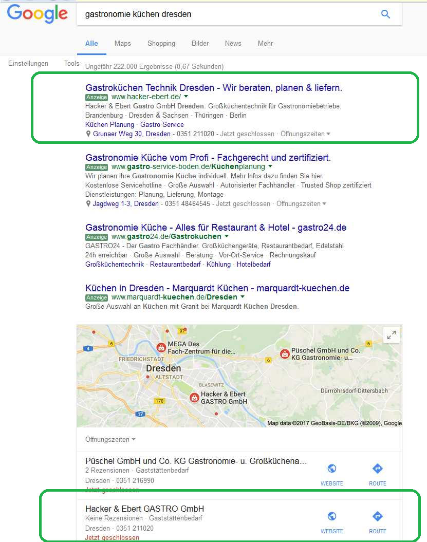 Plus 1 Dienstleistungen - Google Suche nach Gastronomie Küchen Dresden - Ads und local SEO