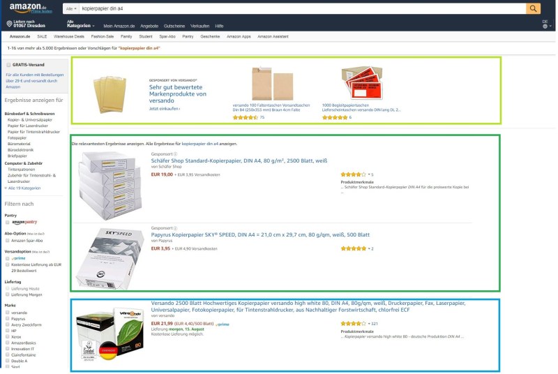 Amazon SEO Marketing Sponsored products Suche Kopierpapier Versando
